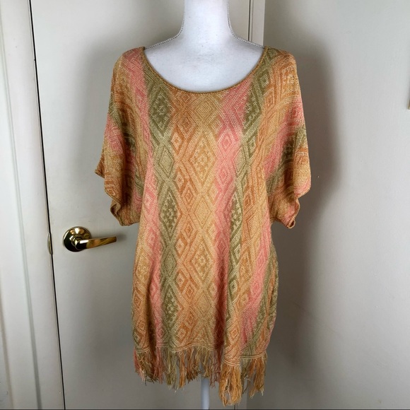 RUBY RD WOMENS AZTEC PRINT TUNIC TOP FRINGE HEMLINE SHOT SLEEVE SZ XL - Picture 1 of 7